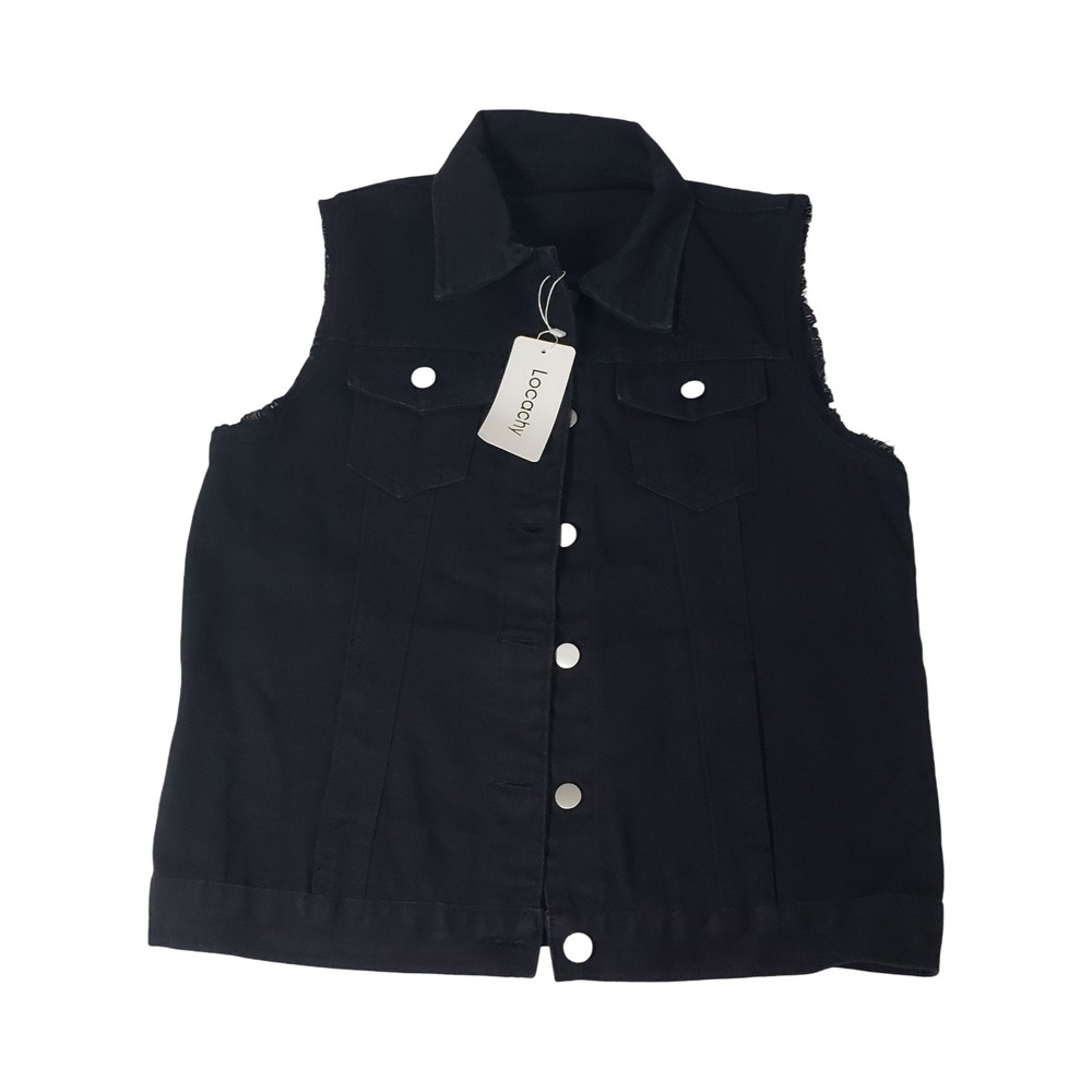 Locachy Womens Black Denim Vest Sleeveless Button Up Jacket Raw Hem Size M